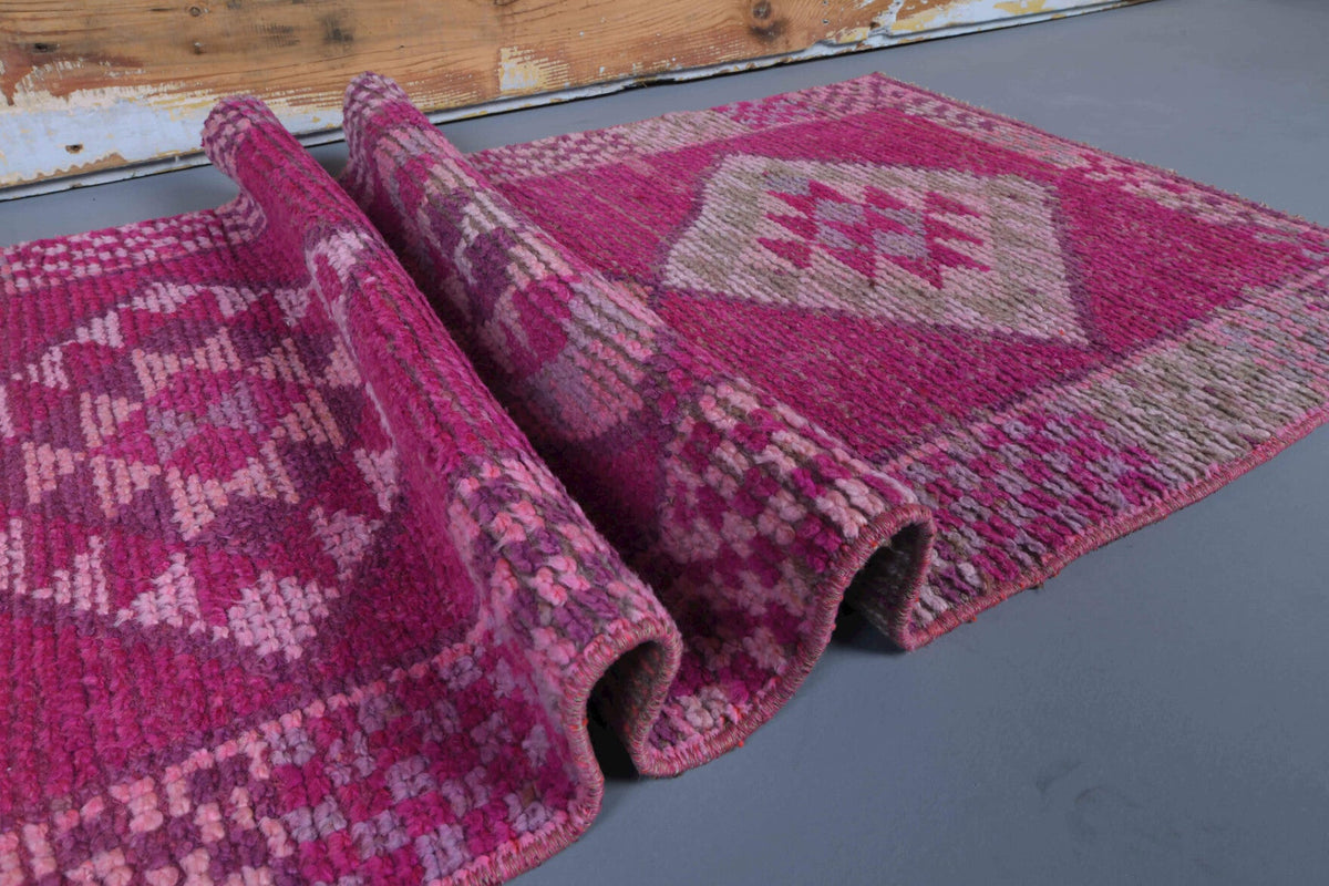 Vintage yolluk 78x302 cm – mor ve pembe geometrik desenli, el dokuma