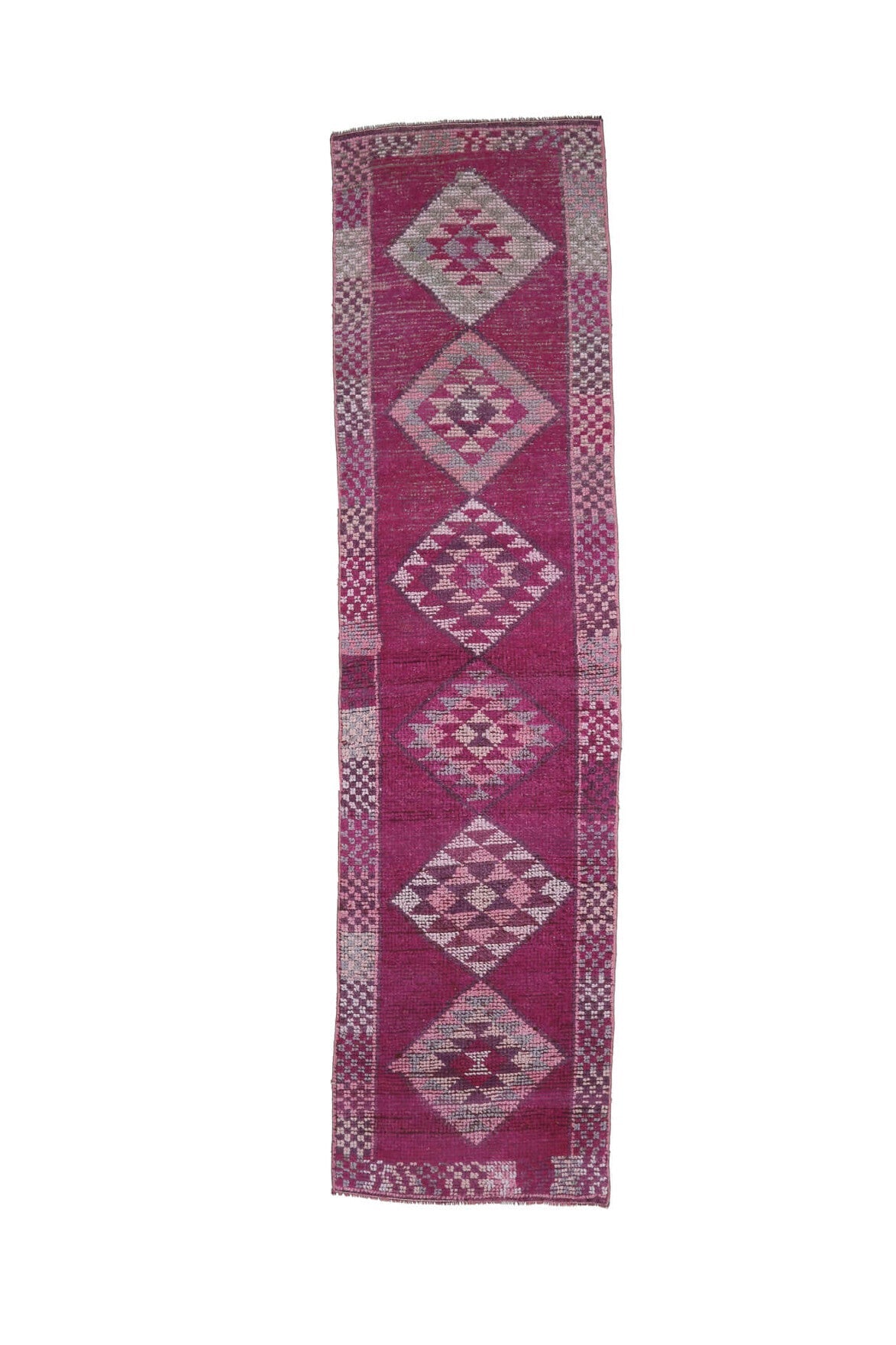 78x302 cm mor ve pembe geometrik desenli el dokuma vintage yolluk – üstten tam görünüm