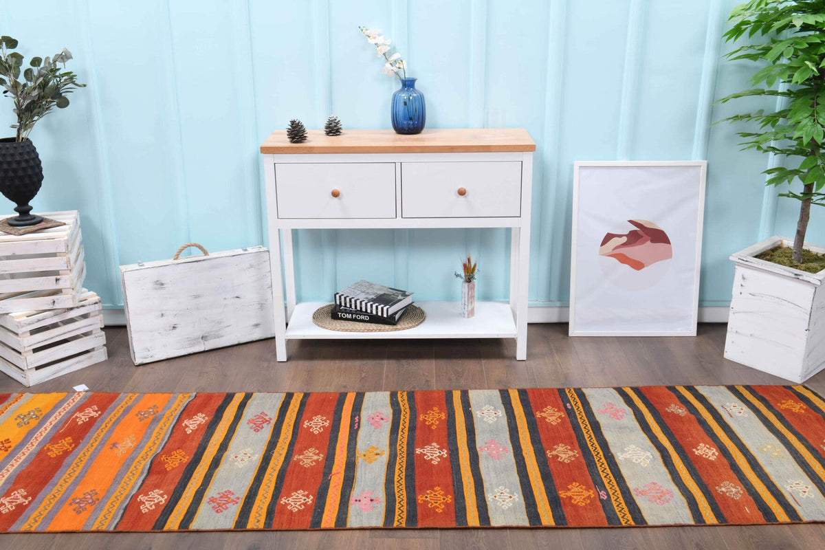 El yapımı vintage yolluk 79x300 cm çizgili desenli yün - detay görünümü