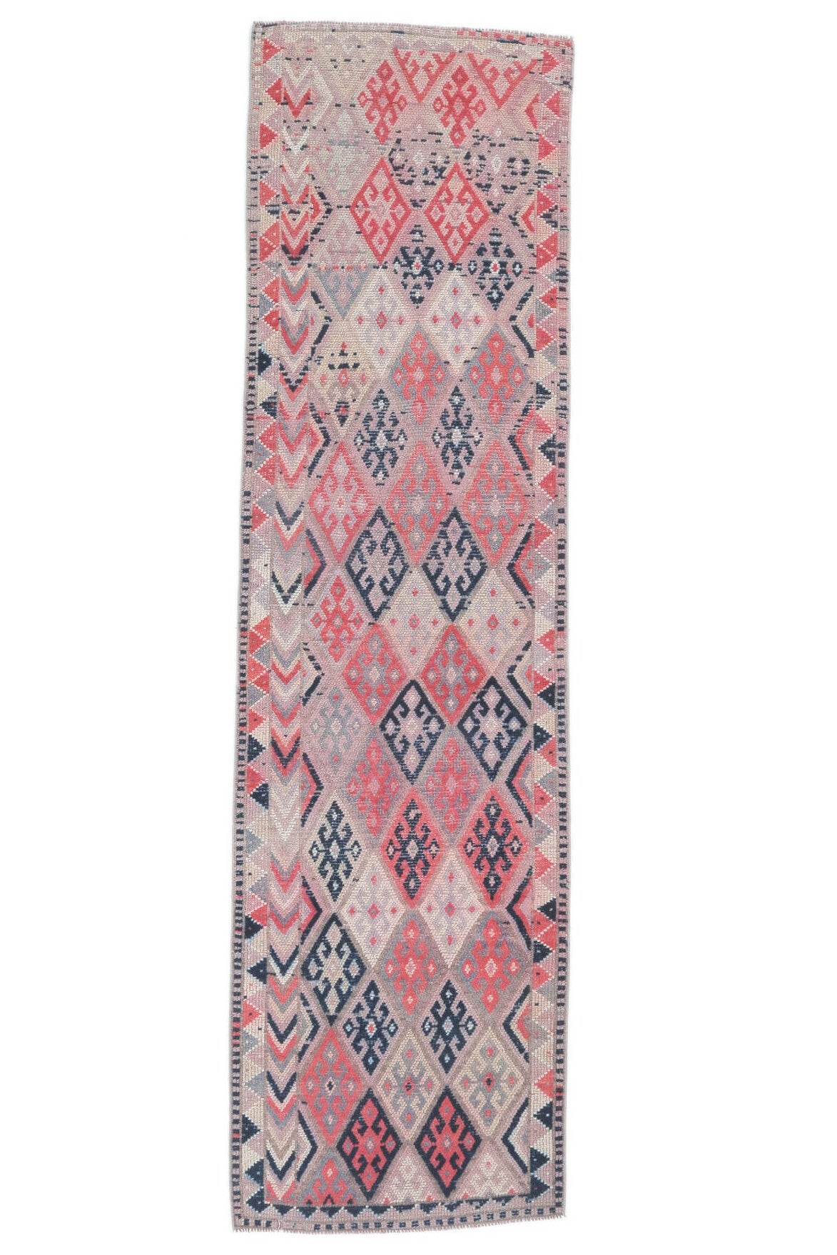 87x311 cm pembe geometrik desenli el dokuma vintage yolluk – üstten tam görünüm