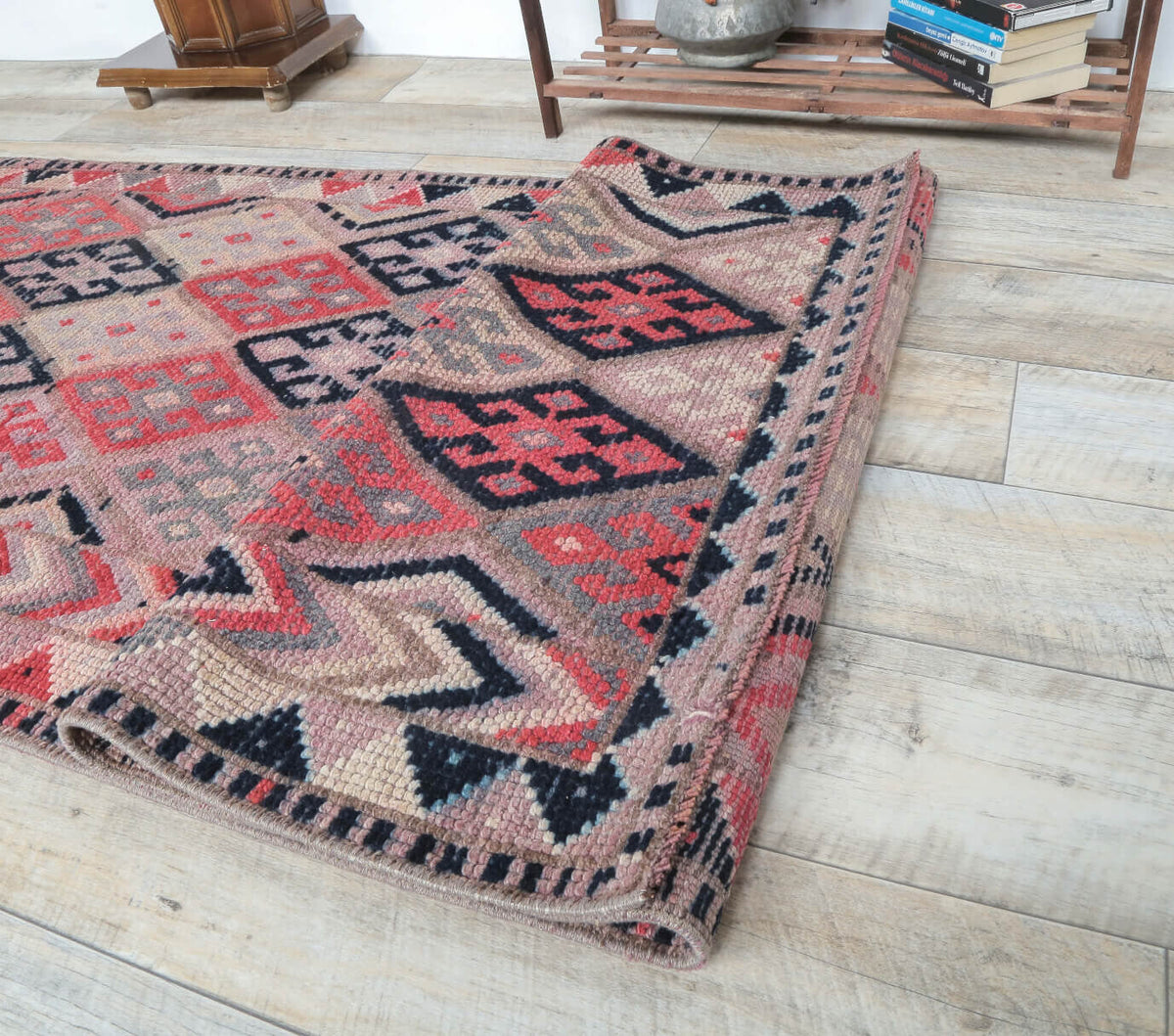 Antre ve koridor için geometrik desenli el dokuma vintage yolluk – 87x311 cm