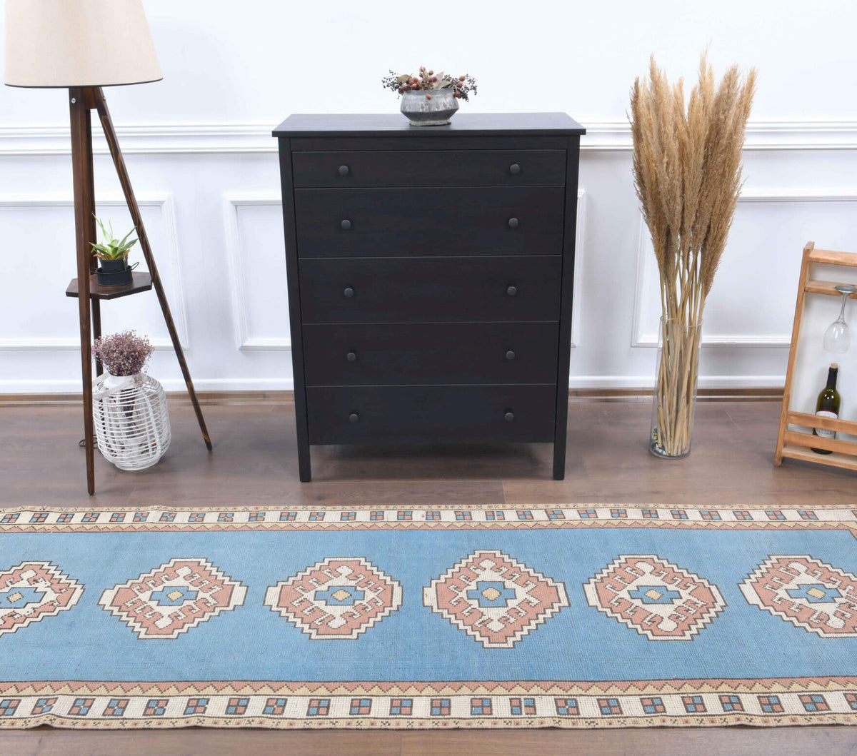 El yapımı vintage yolluk 97x290 cm geometrik desenli yün - yakın çekim doku detayı