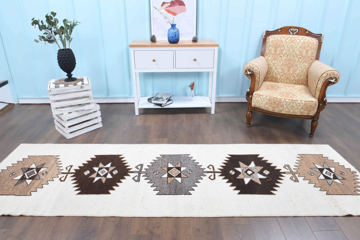 El yapımı vintage yolluk 94x310 cm oryantal desenli yün - yakın çekim doku detayı
