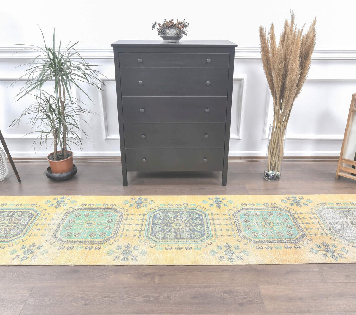 El yapımı vintage yolluk 79x353 cm çiçek desenli desenli yün - yakın çekim doku detayı