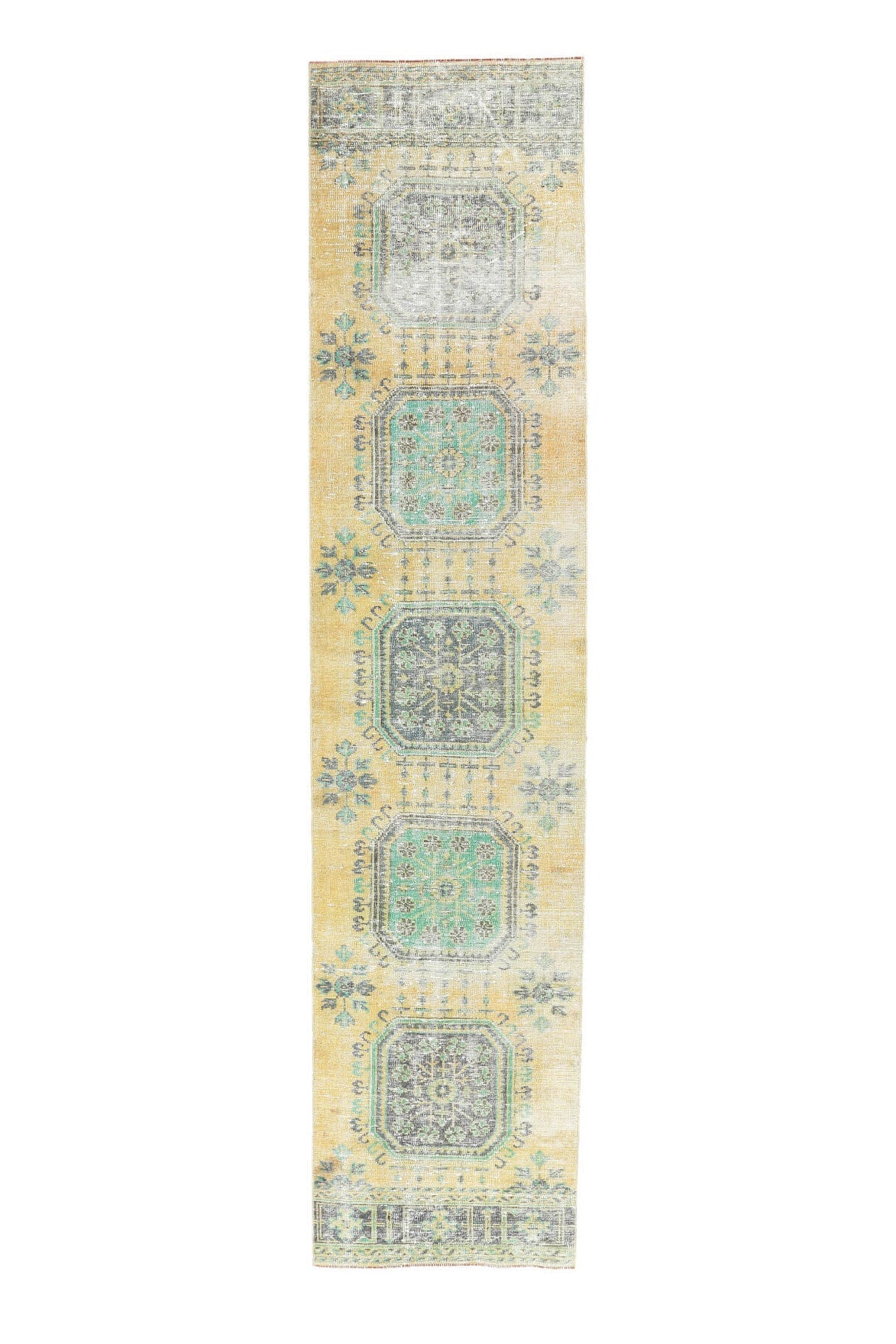 80x354 cm bej, yeşil ve sarı çiçek desenli el dokuma vintage yolluk – üstten tam görünüm