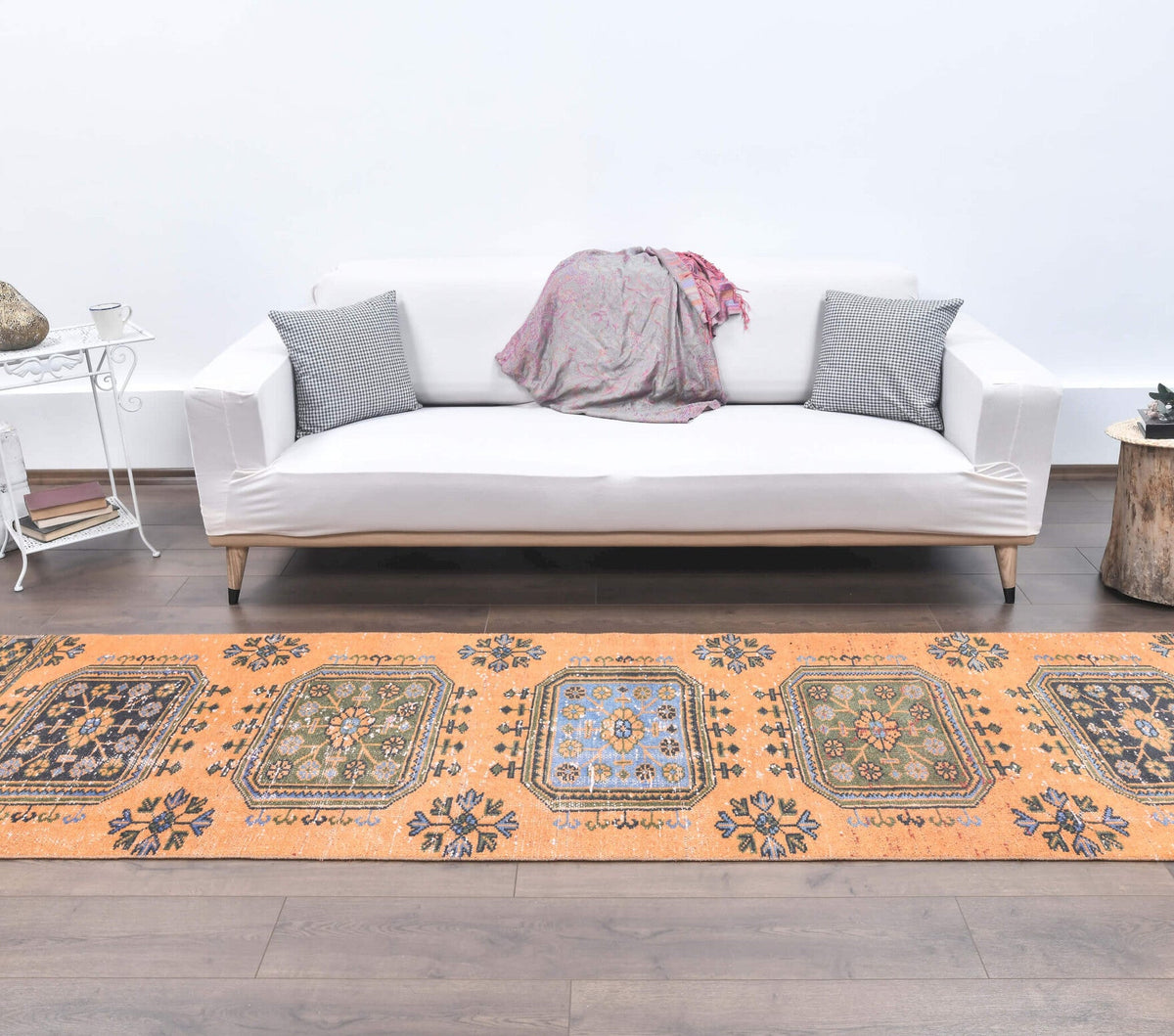 El yapımı vintage yolluk 89x338 cm i̇kat desenli yün - detay görünümü