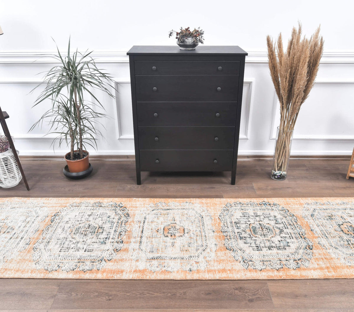 El yapımı vintage yolluk 89x335 cm geometrik desenli yün - detay görünümü