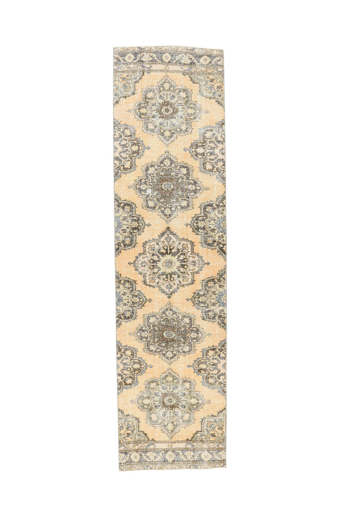 88x344 cm turuncu ve bej çiçek desenli el dokuma vintage yolluk – üstten tam görünüm