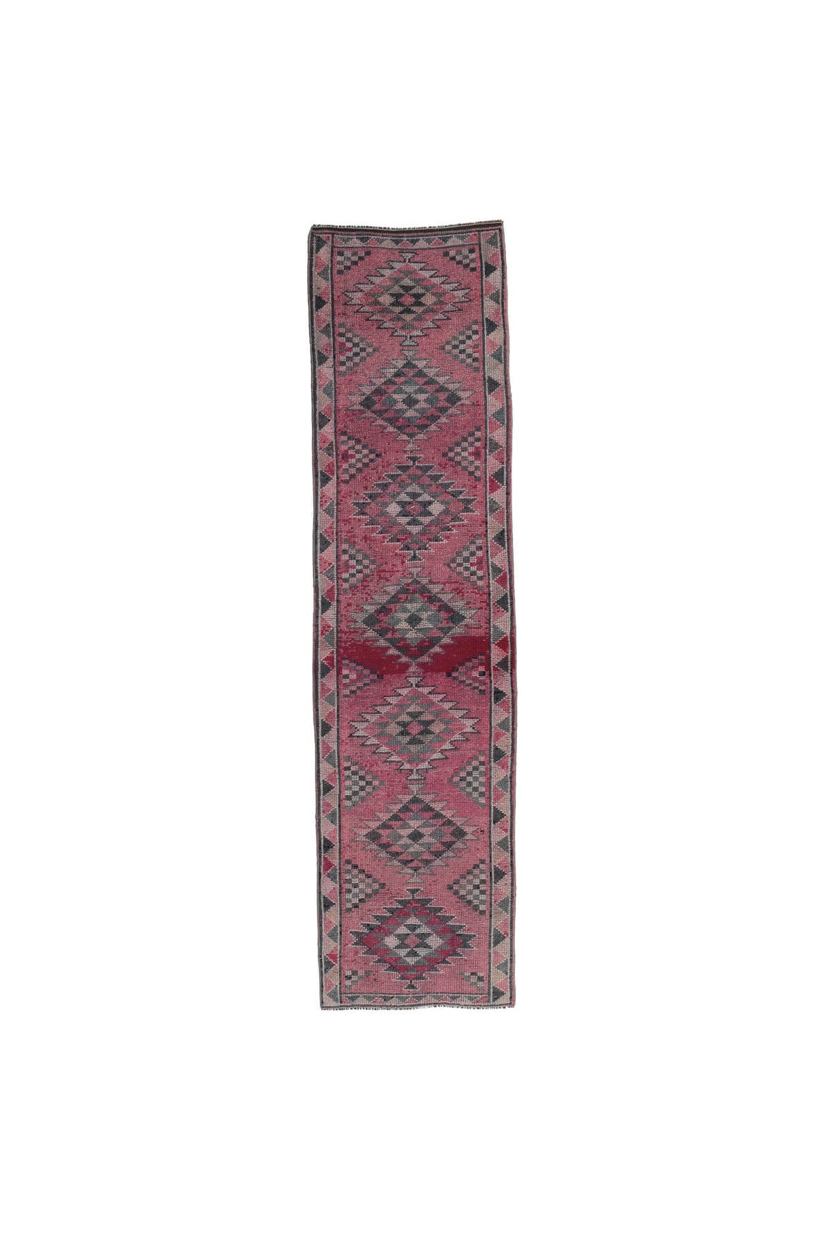 83x332 cm kırmızı ikat desenli el dokuma vintage yolluk – üstten tam görünüm