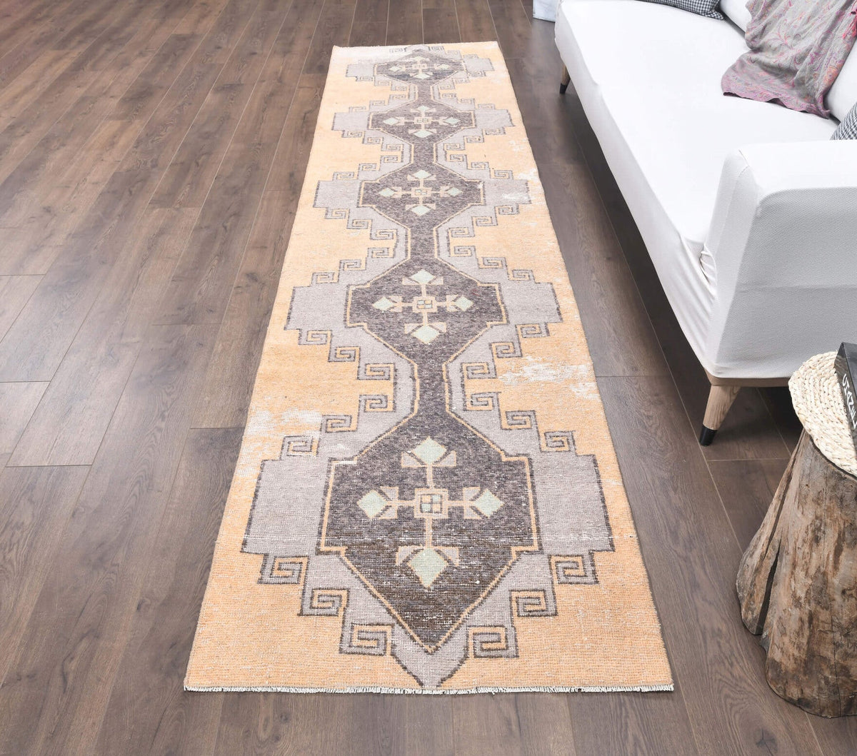 El yapımı vintage yolluk 79x340 cm geometrik desenli yün - yakın çekim doku detayı