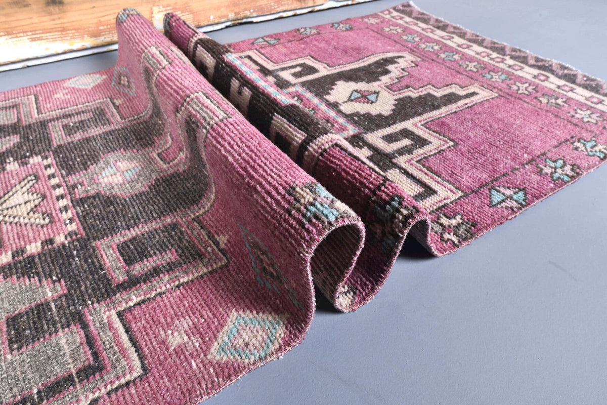 Vintage yolluk 75x342 cm – pembe tribal desenli, el dokuma
