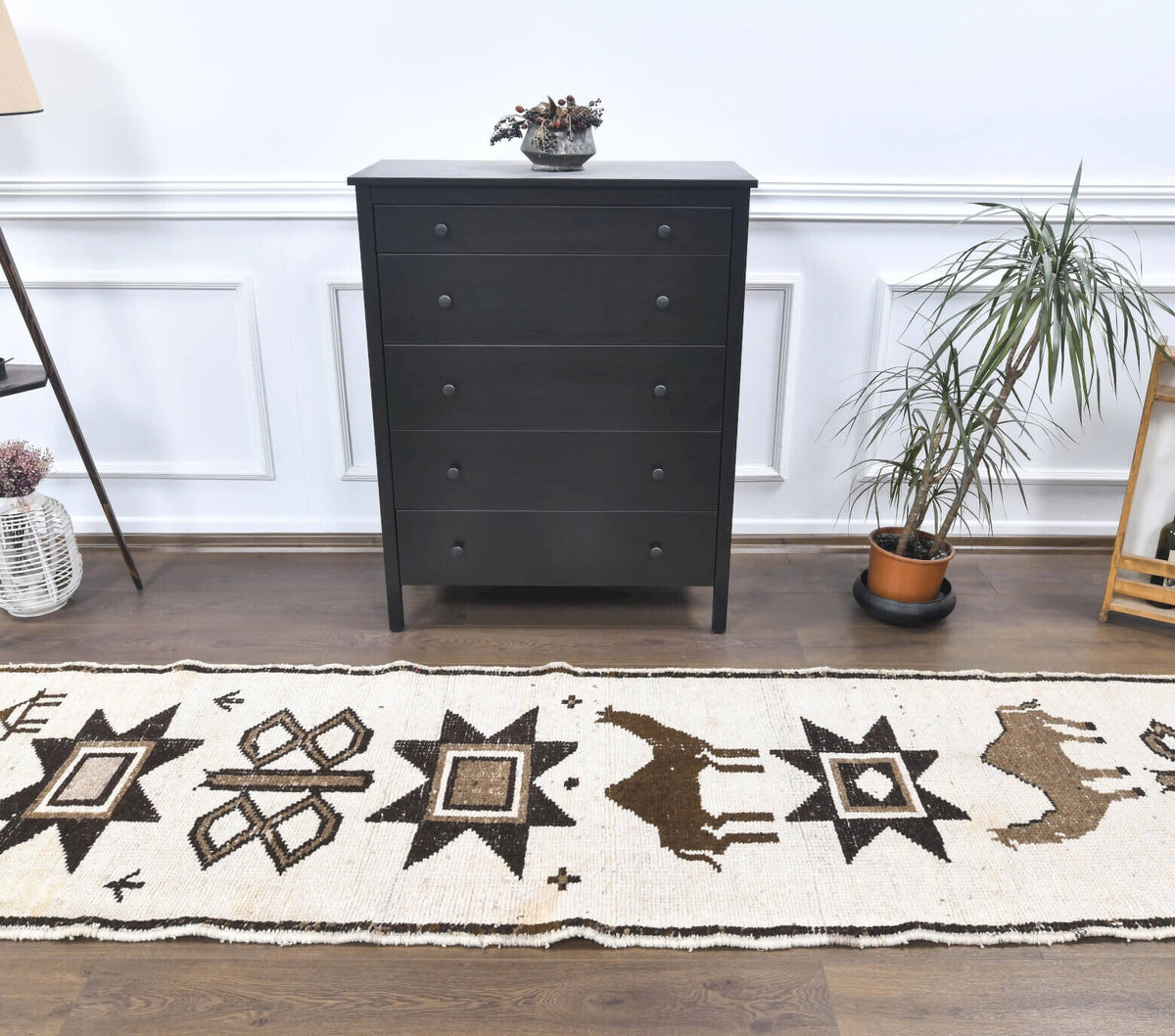 El yapımı vintage yolluk 91x323 cm tribal desenli yün - detay görünümü