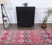 1970'lerden Anadolu kökenli ikat desenli el dokuma vintage yolluk, 96x345 cm