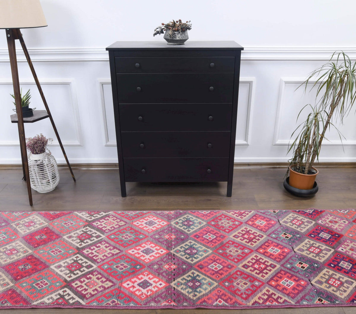 1970'lerden Anadolu kökenli ikat desenli el dokuma vintage yolluk, 96x345 cm