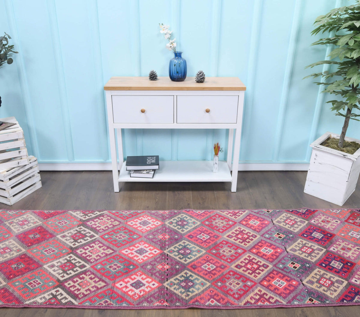 Antre ve koridor için ikat desenli el dokuma vintage yolluk – 96x345 cm