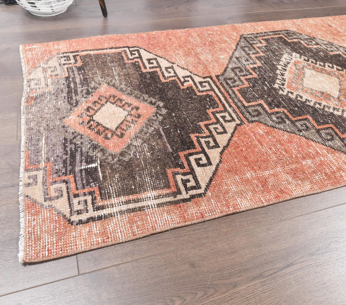 El yapımı vintage yolluk 81x338 cm geometrik desenli yün - kenar ve saçak detayı