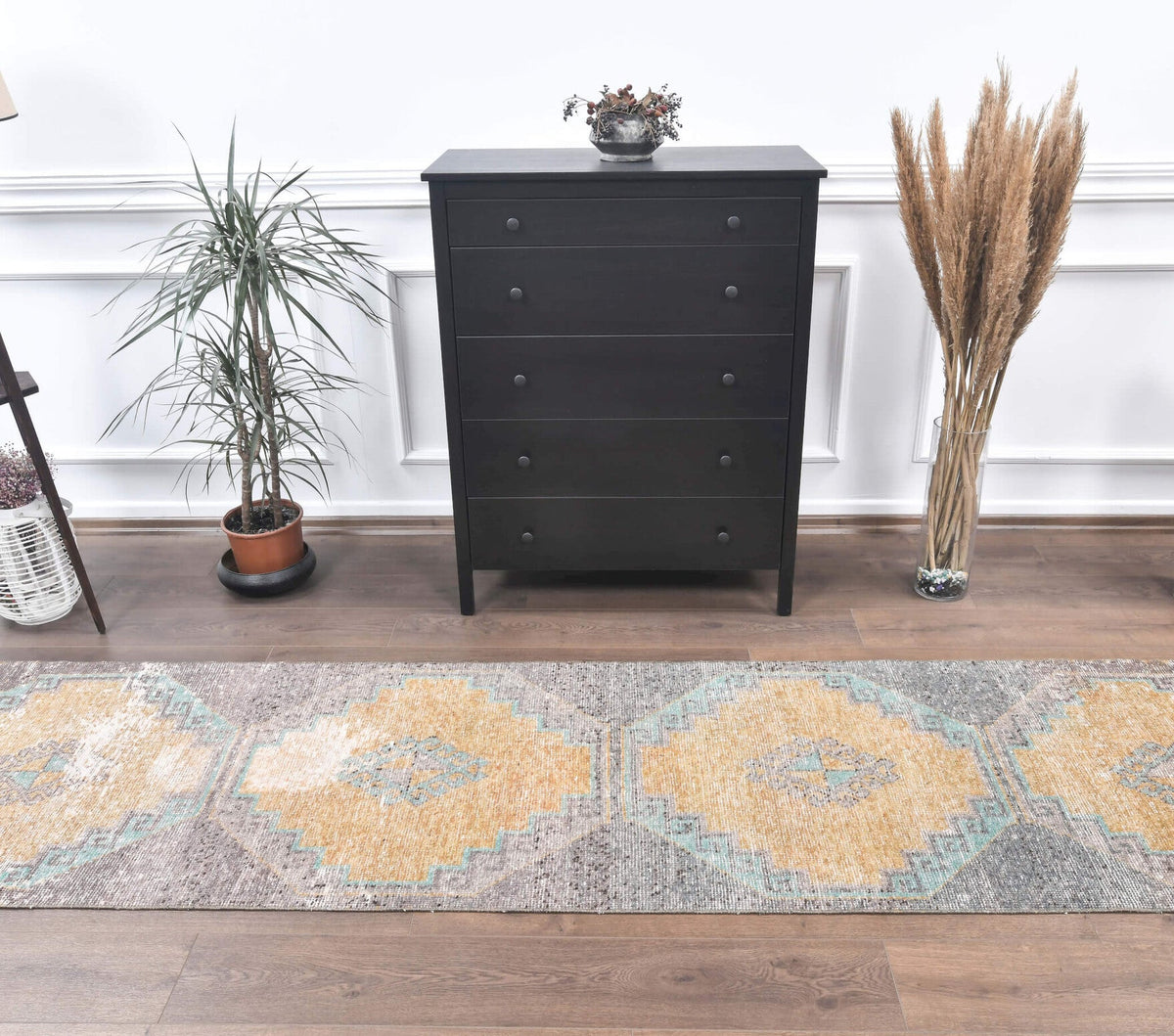 El yapımı vintage yolluk 79x330 cm geometrik desenli yün - detay görünümü