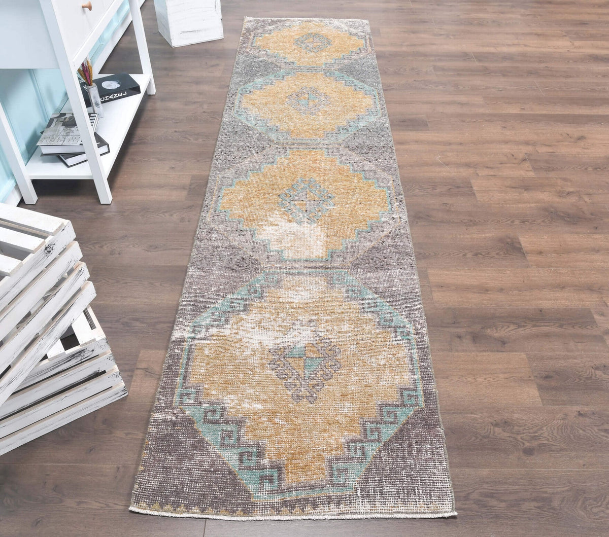 El yapımı vintage yolluk 79x330 cm geometrik desenli yün - üstten görünüm