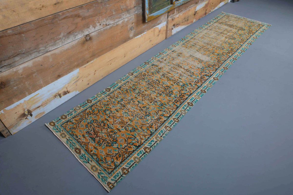 80x330 cm mavi, kahverengi ve turuncu çiçek desenli el dokuma vintage yolluk – üstten tam görünüm
