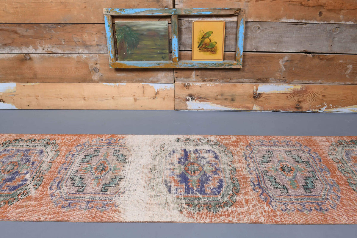 1970'lerden Anadolu kökenli oryantal desenli el dokuma vintage yolluk, 82x338 cm
