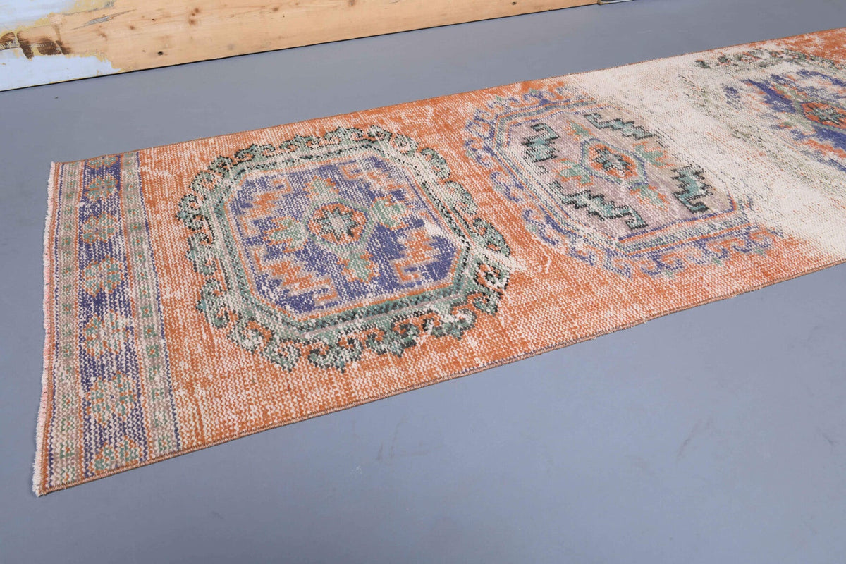 Oryantal desenli el dokuma vintage yolluk – mavi ve turuncu tonlarda yün dokuma