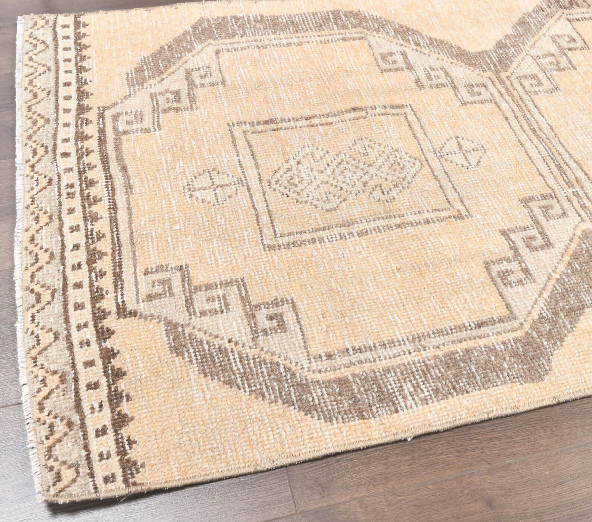 El yapımı vintage yolluk 81x348 cm geometrik desenli yün - kenar ve saçak detayı