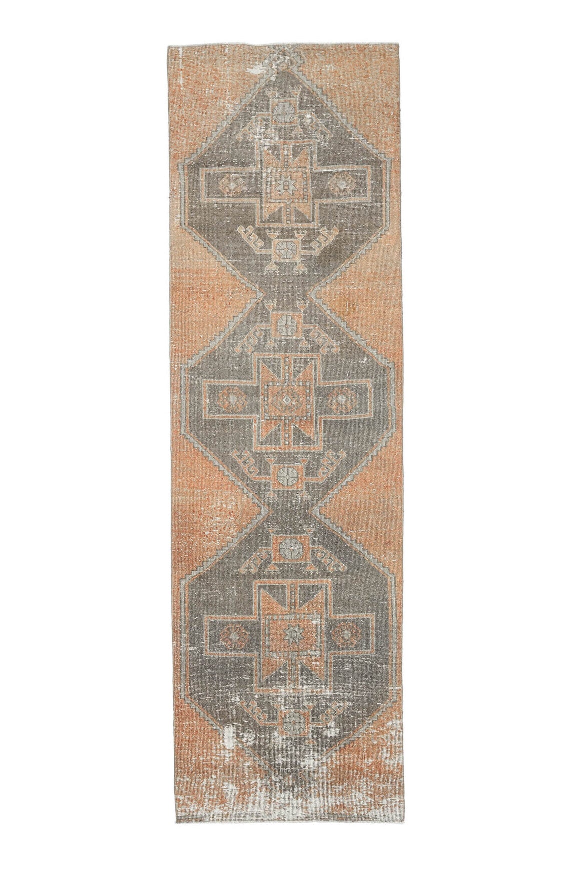 97x327 cm turuncu, bej ve kahverengi geometrik desenli el dokuma vintage yolluk – üstten tam görünüm