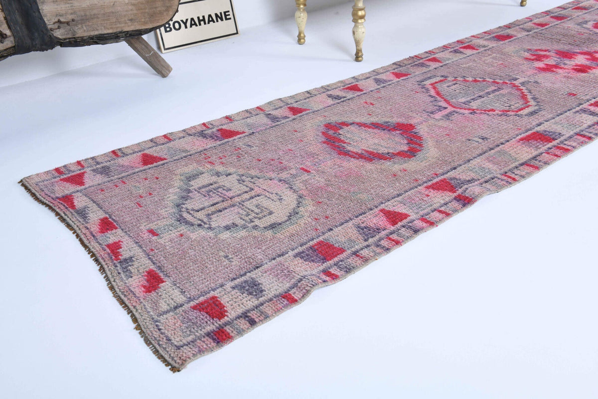 El yapımı vintage yolluk 79x330 cm i̇kat desenli yün - yakın çekim doku detayı