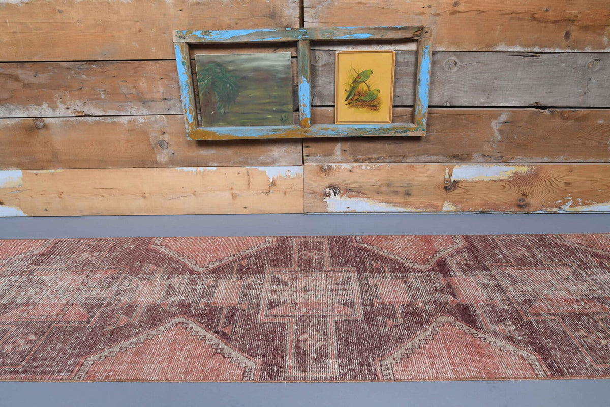 El yapımı vintage yolluk 79x338 cm tribal desenli yün - kenar ve saçak detayı