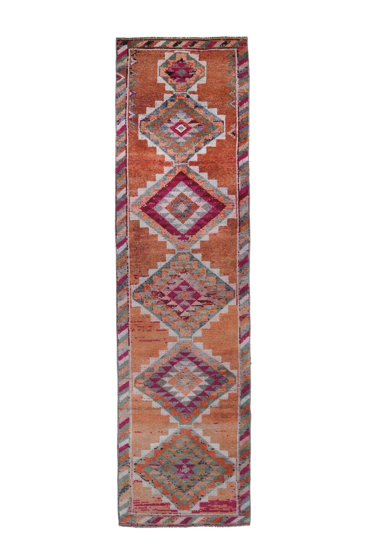 87x325 cm kırmızı, turuncu ve pembe ikat desenli el dokuma vintage yolluk – üstten tam görünüm