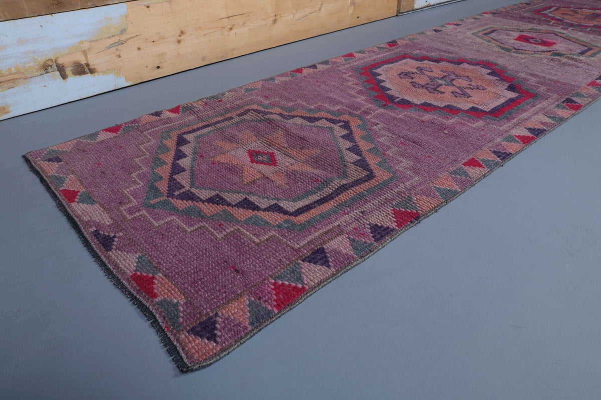 El yapımı vintage yolluk 81x345 cm geometrik desenli yün - yakın çekim doku detayı