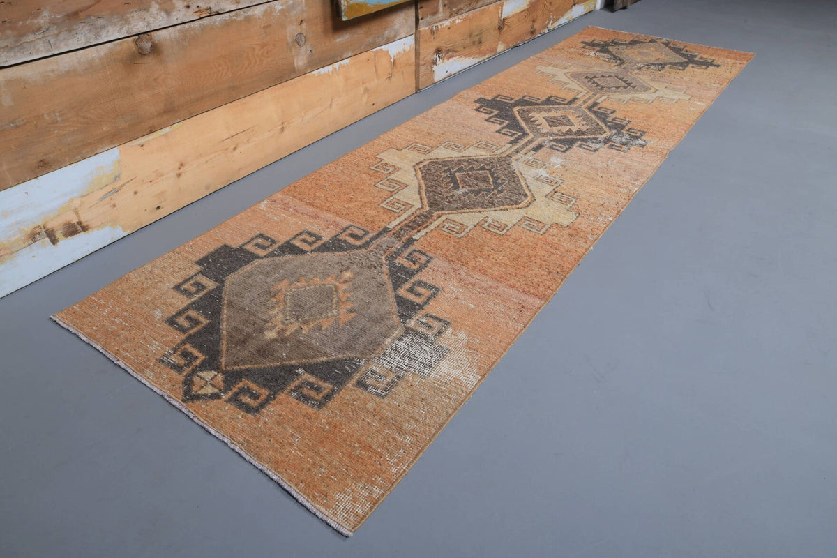 93x327 cm mavi, turuncu ve kahverengi geometrik desenli el dokuma vintage yolluk – üstten tam görünüm