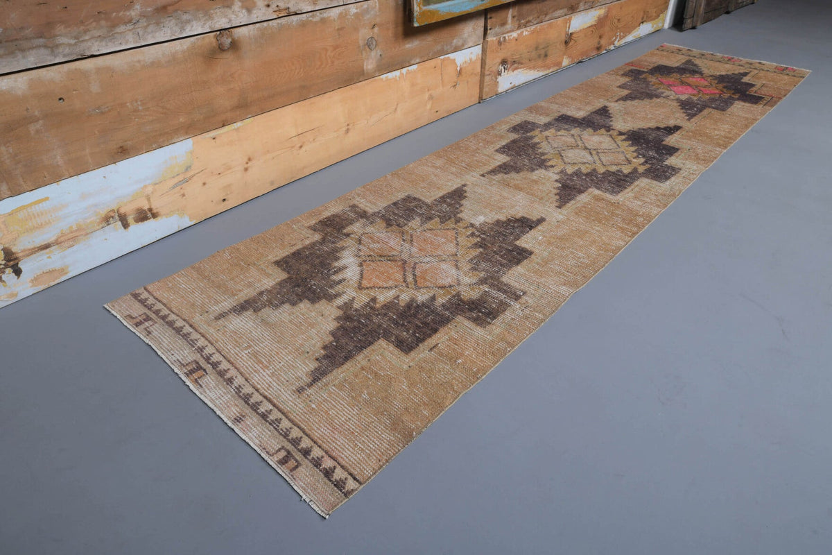 80x337 cm mavi, turuncu ve kahverengi geometrik desenli el dokuma vintage yolluk – üstten tam görünüm