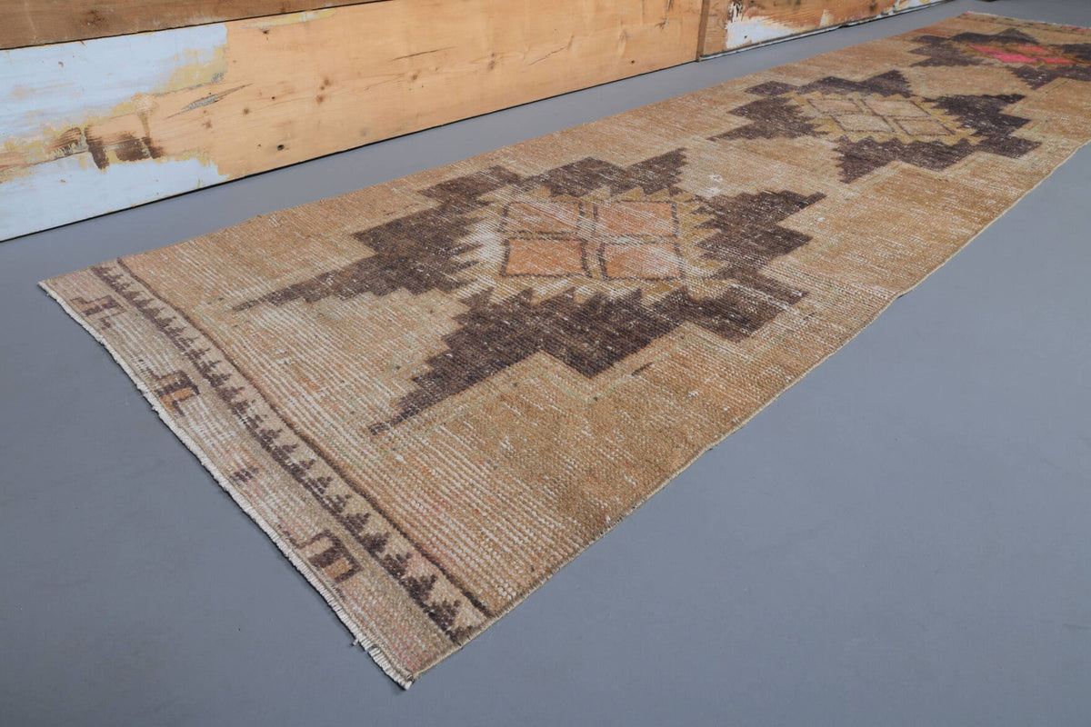 El yapımı vintage yolluk 79x338 cm geometrik desenli yün - yakın çekim doku detayı