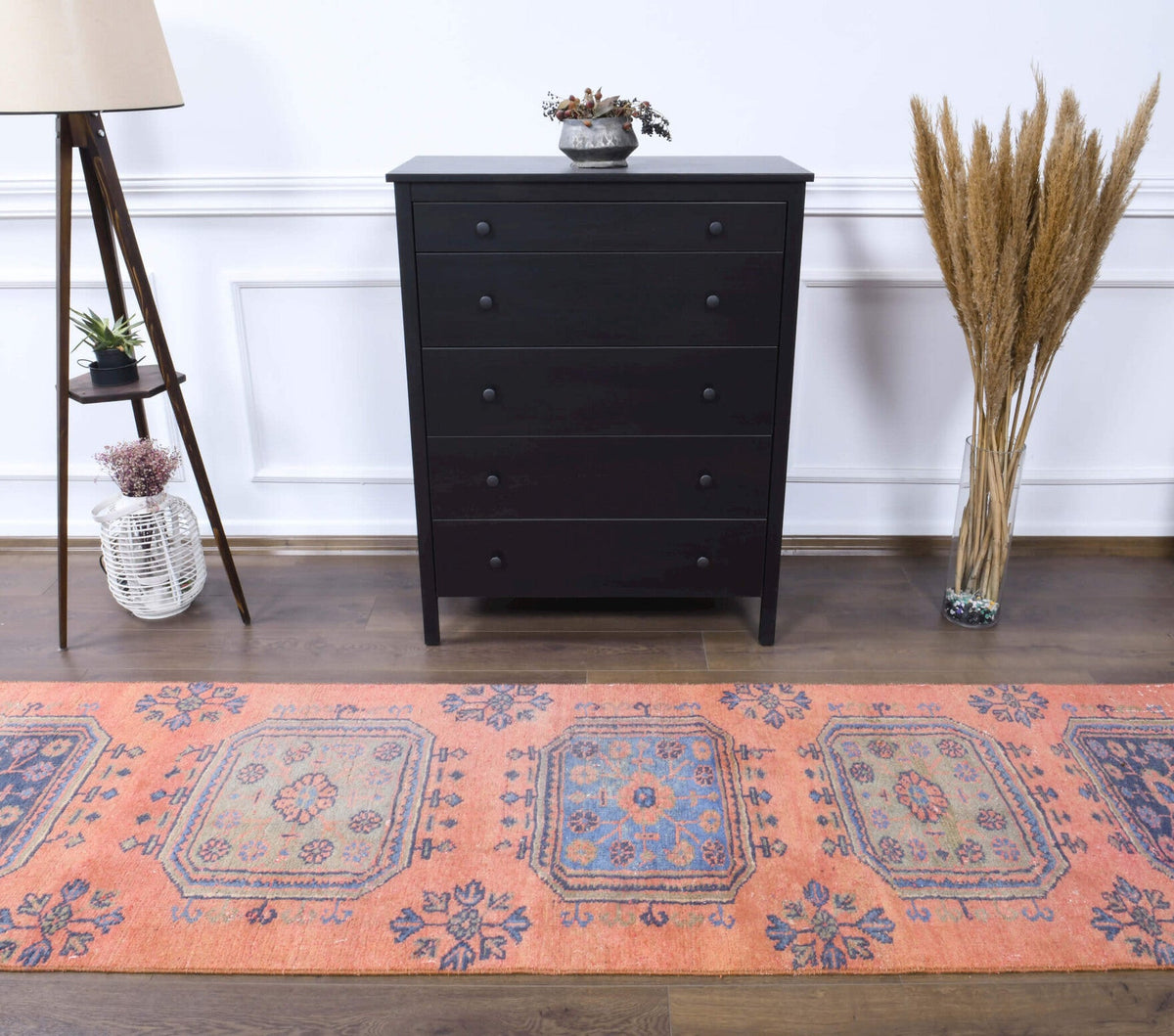 El yapımı vintage yolluk 89x345 cm çiçek desenli desenli yün - yakın çekim doku detayı