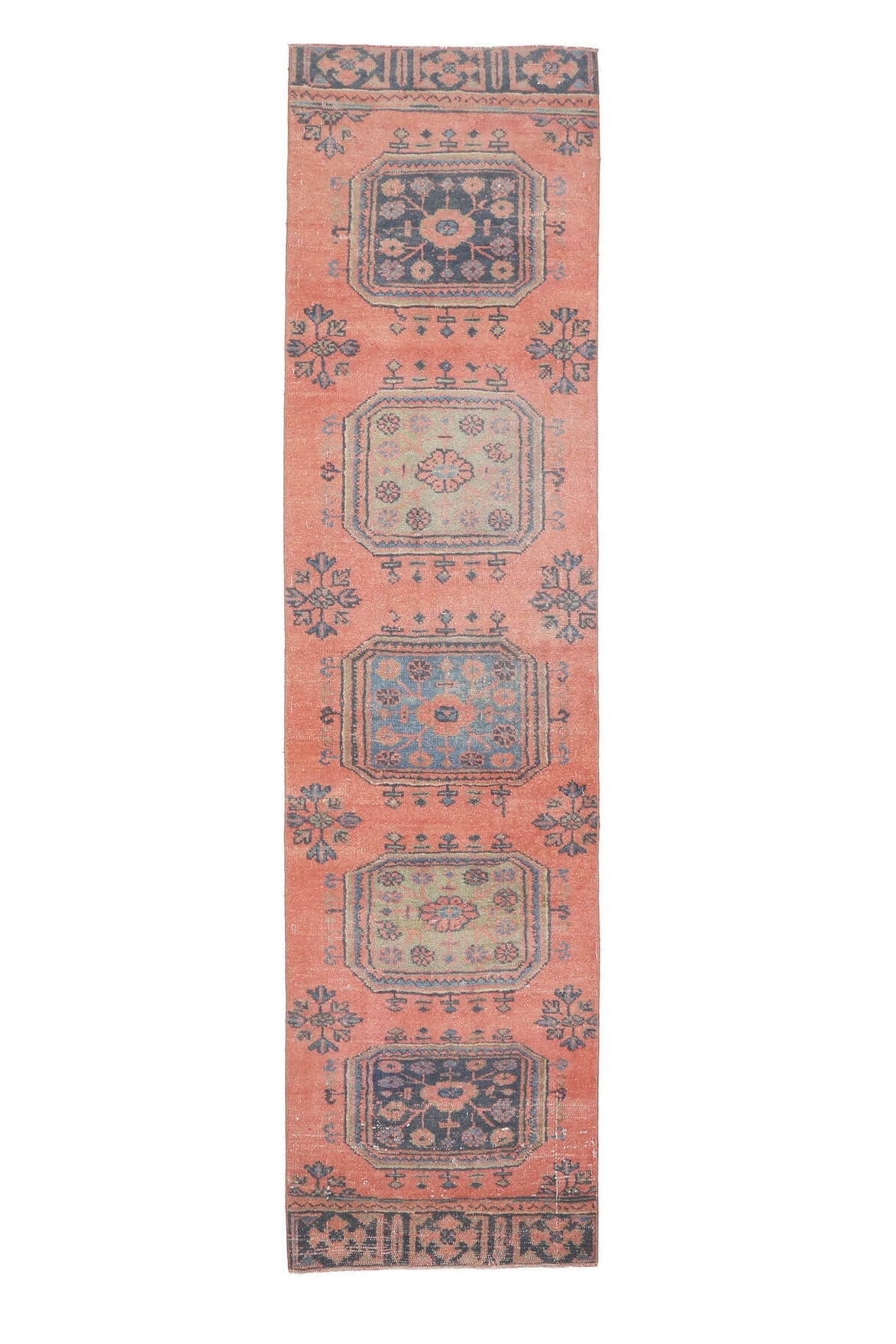 87x343 cm turuncu, pembe ve kırmızı çiçek desenli el dokuma vintage yolluk – üstten tam görünüm
