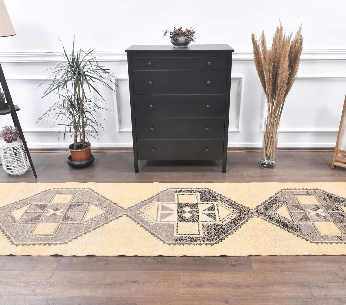 El yapımı vintage yolluk 94x330 cm geometrik desenli yün - detay görünümü