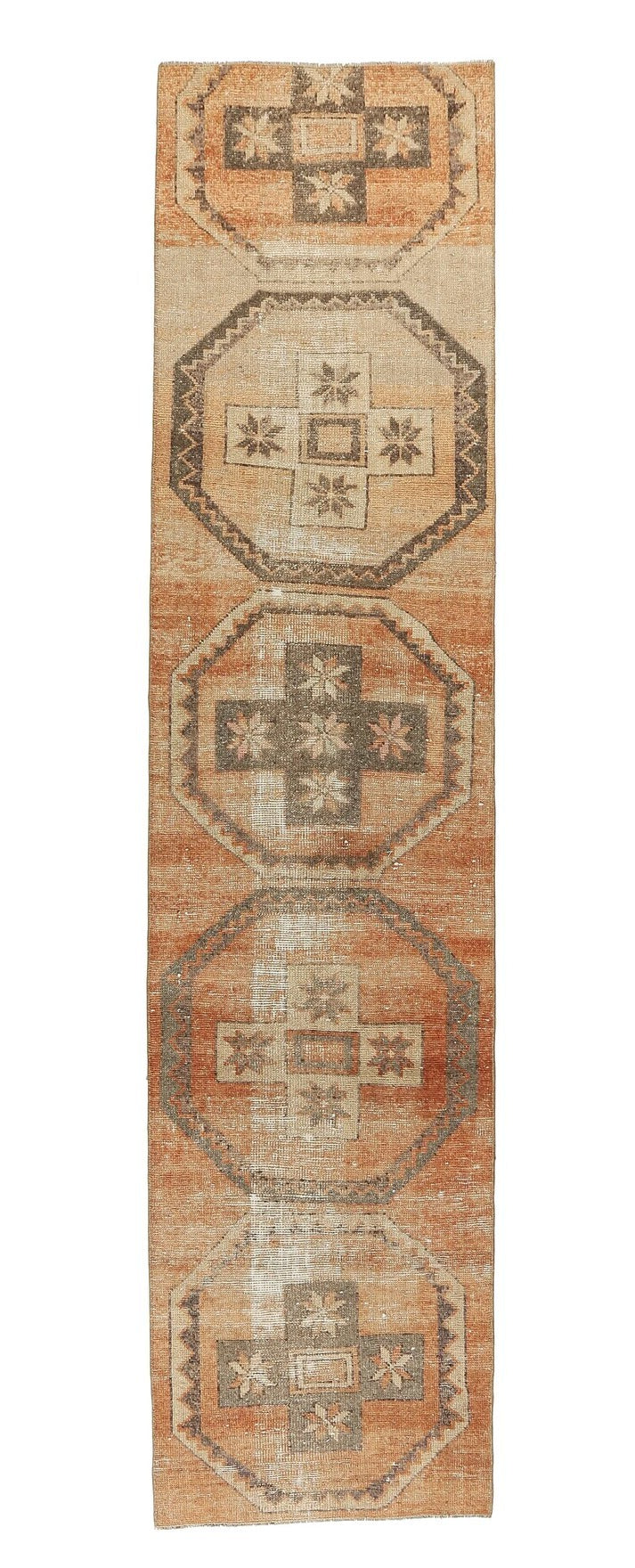77x332 cm turuncu düz zeminli el dokuma vintage yolluk – üstten tam görünüm