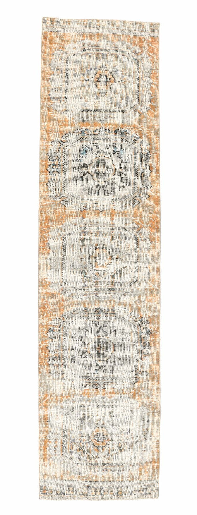 85x341 cm bej, turuncu ve beyaz geometrik desenli el dokuma vintage yolluk – üstten tam görünüm