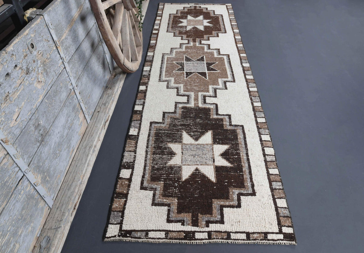 El yapımı vintage yolluk 97x323 cm geometrik desenli yün - detay görünümü
