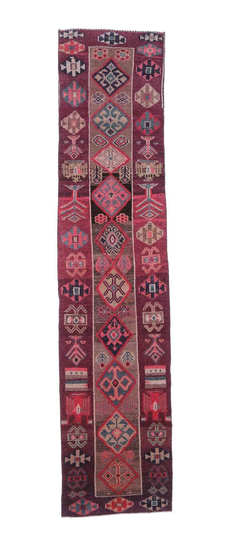 79x342 cm kırmızı ve mor oryantal desenli el dokuma vintage yolluk – üstten tam görünüm