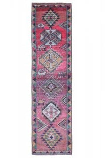 84x323 cm pembe, mor ve kırmızı oryantal desenli el dokuma vintage yolluk – üstten tam görünüm