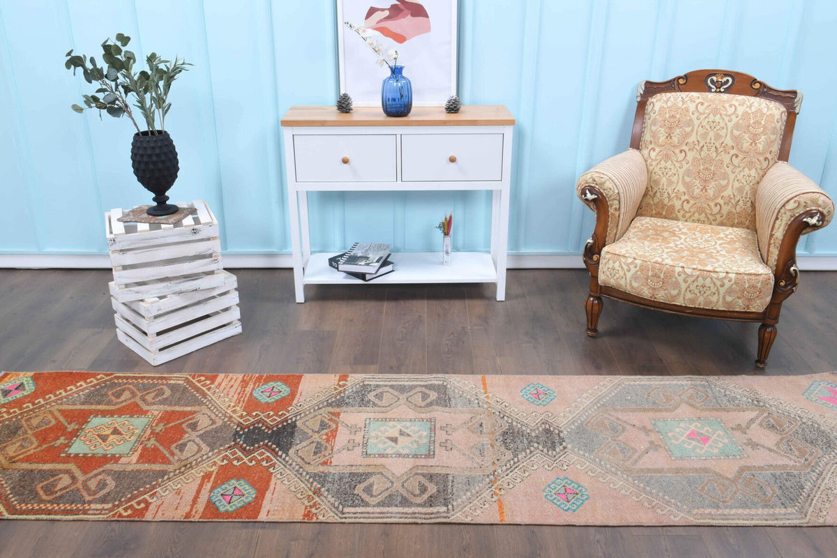 El yapımı vintage yolluk 81x320 cm oryantal desenli yün - yakın çekim doku detayı