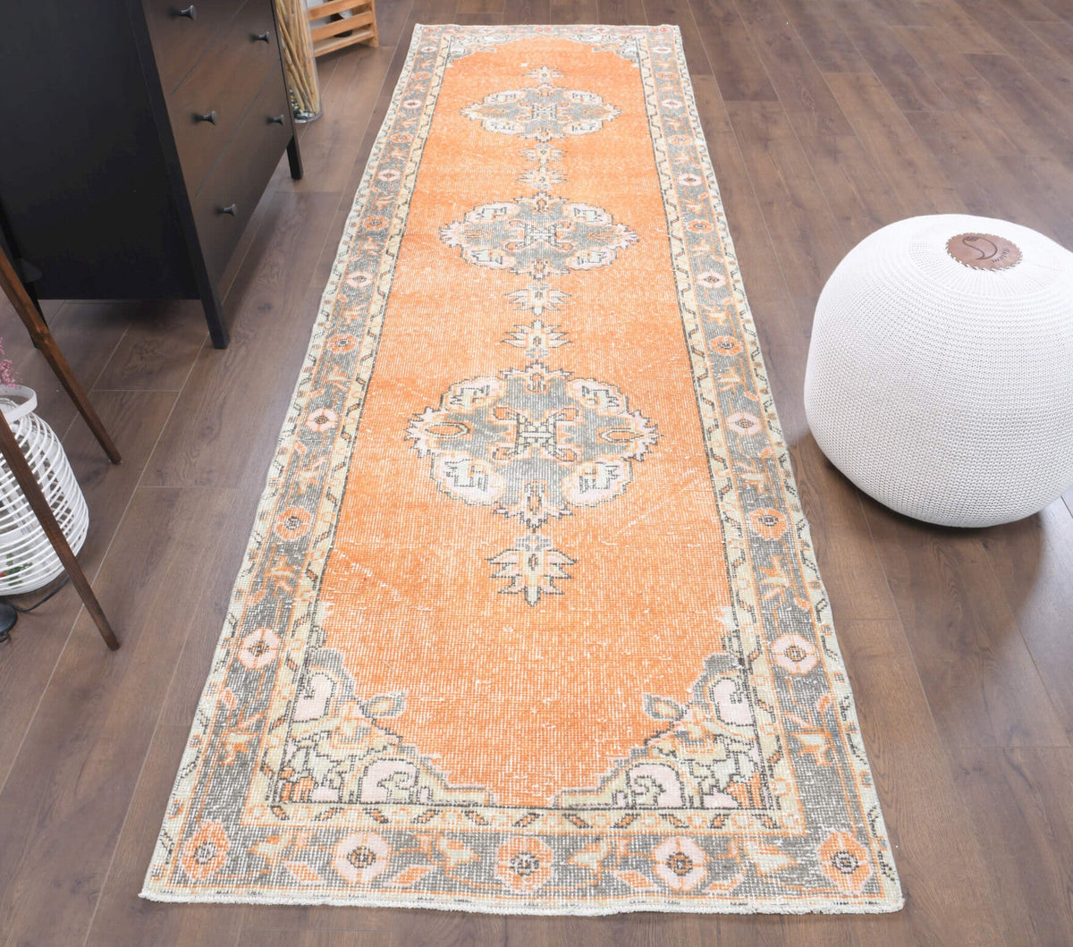 El yapımı vintage yolluk 91x335 cm oryantal desenli yün - yakın çekim doku detayı