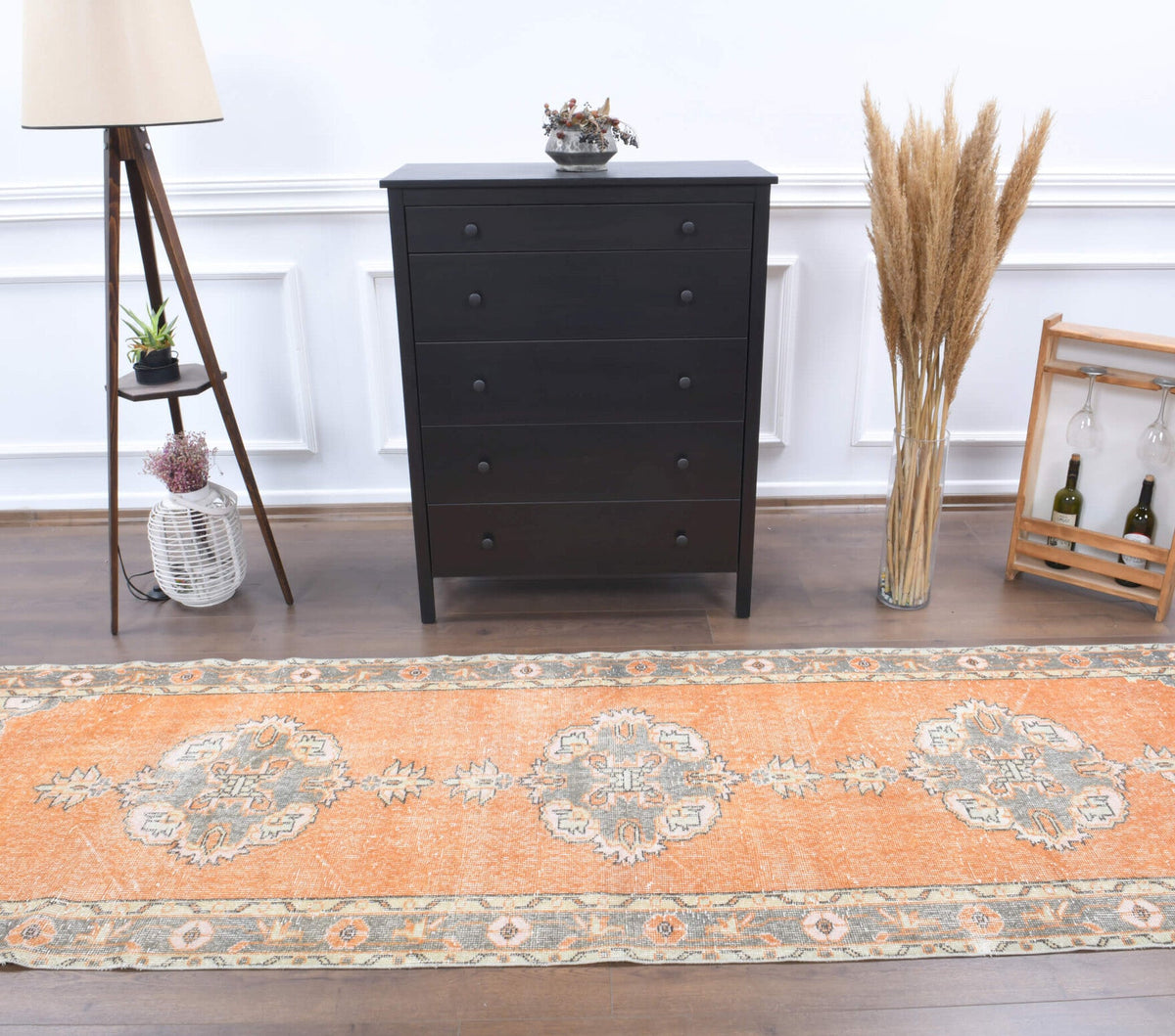 El yapımı vintage yolluk 91x335 cm oryantal desenli yün - detay görünümü