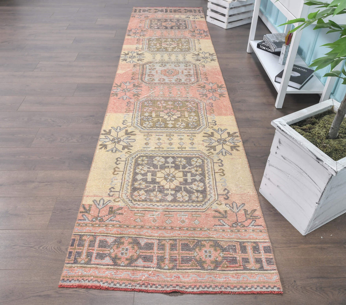El yapımı vintage yolluk 86x356 cm oryantal desenli yün - detay görünümü