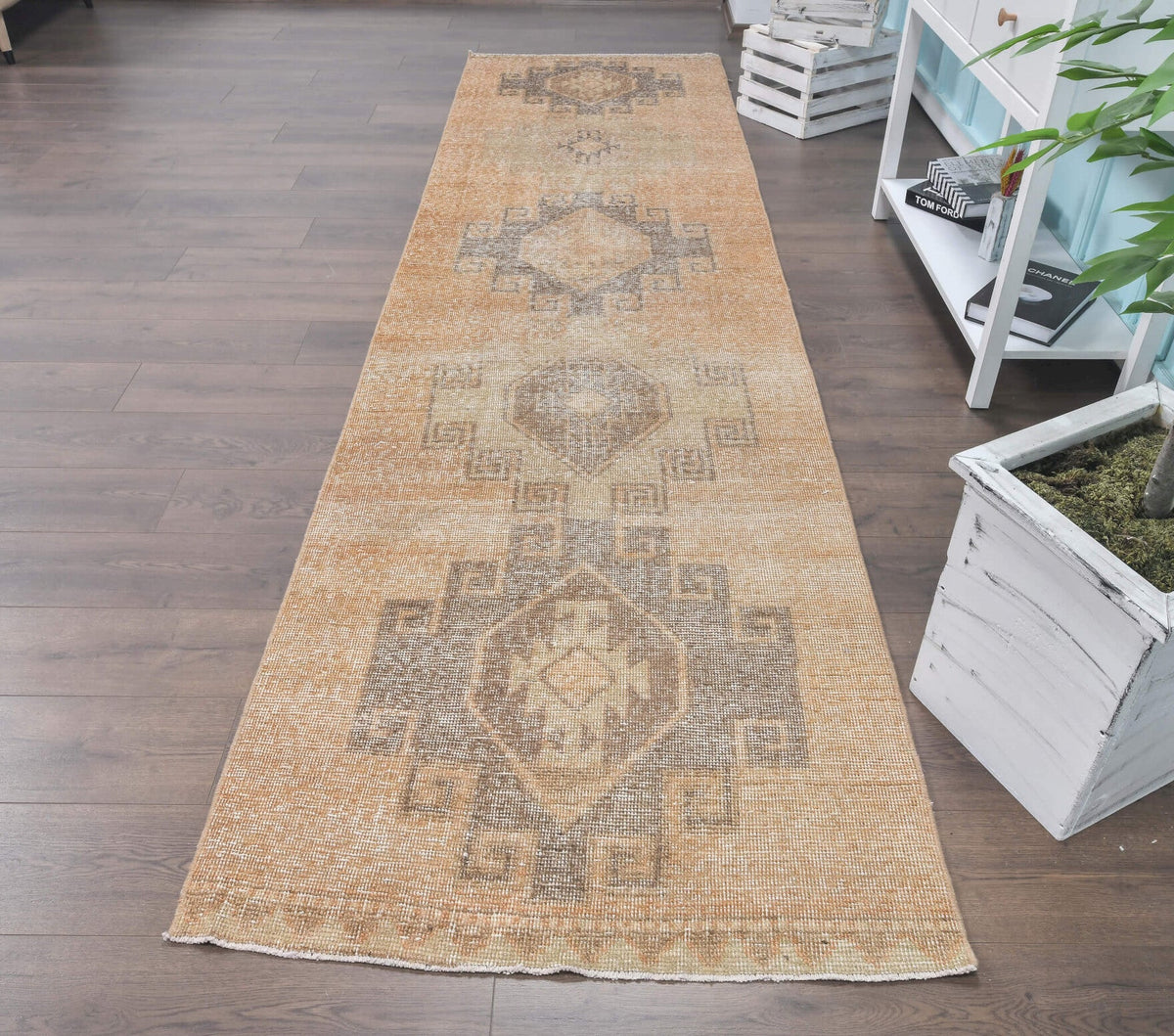 El yapımı vintage yolluk 94x366 cm geometrik desenli yün - detay görünümü