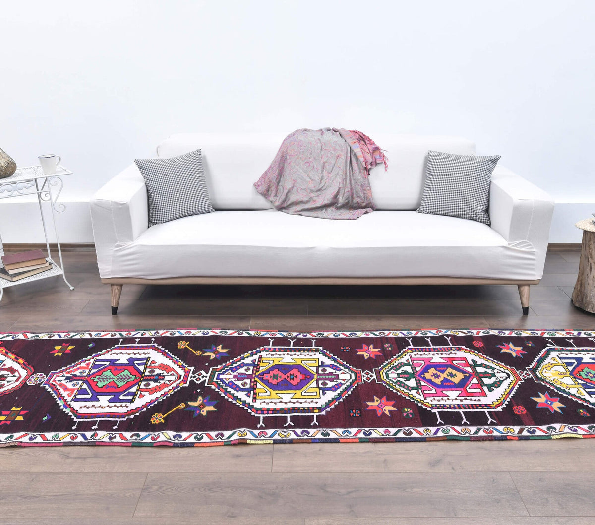 El yapımı vintage yolluk 81x376 cm geometrik desenli yün - detay görünümü