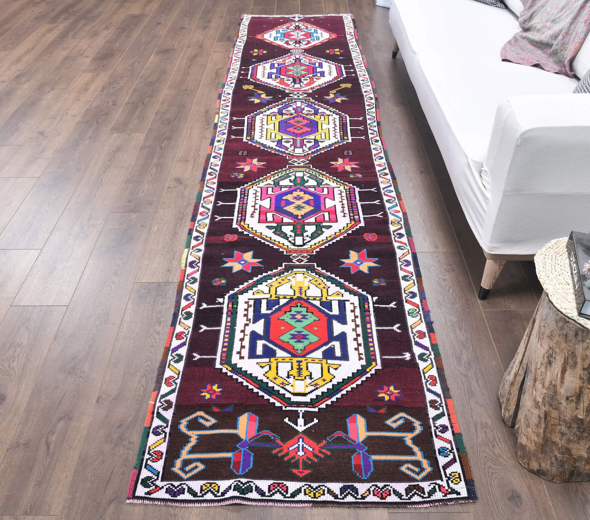 El yapımı vintage yolluk 81x376 cm geometrik desenli yün - yakın çekim doku detayı