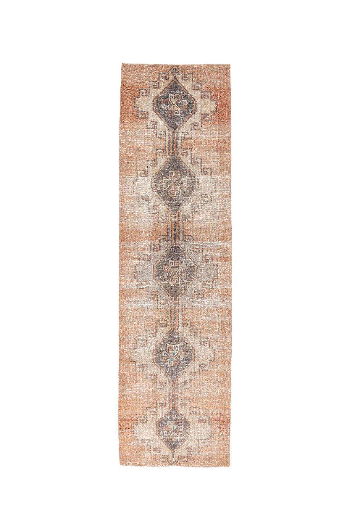 95x351 cm turuncu geometrik desenli el dokuma vintage yolluk – üstten tam görünüm